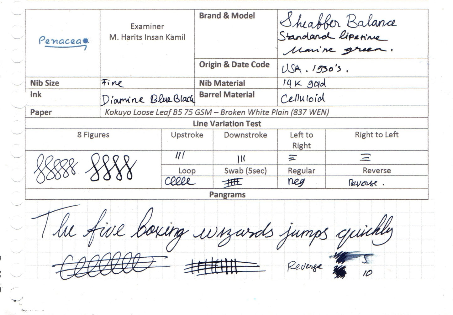 SHEAFFER BALANCE LIFETIME STANDARD MARINE GREEN FOUNTAIN PEN (1930s)