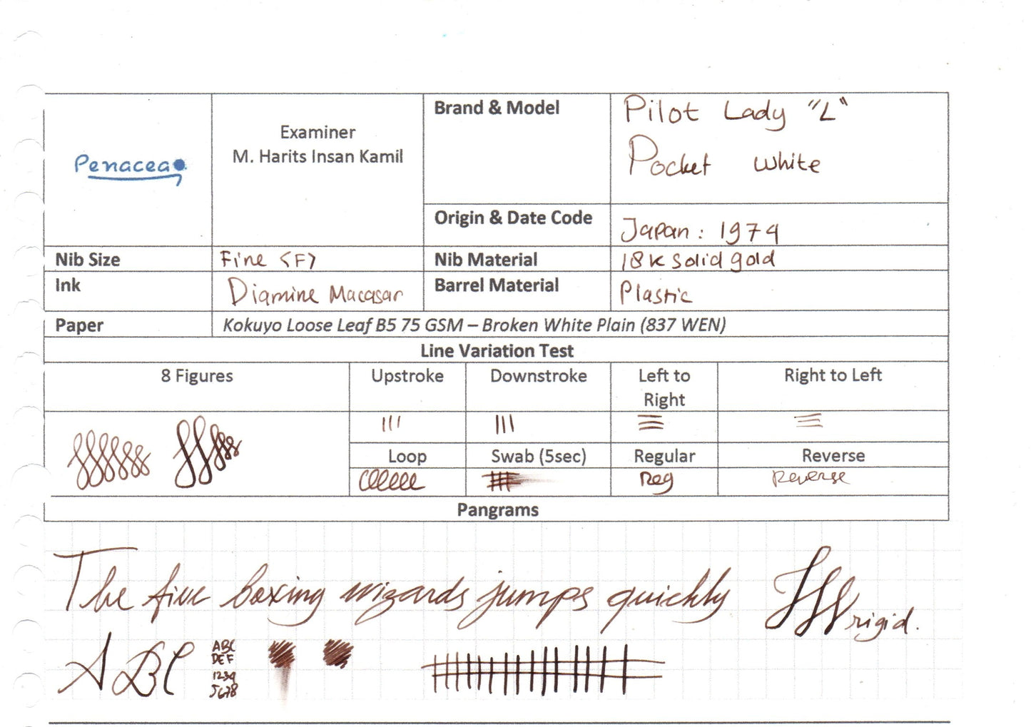 PILOT LADY POCKET "L" WHITE FOUNTAIN PEN (1974)