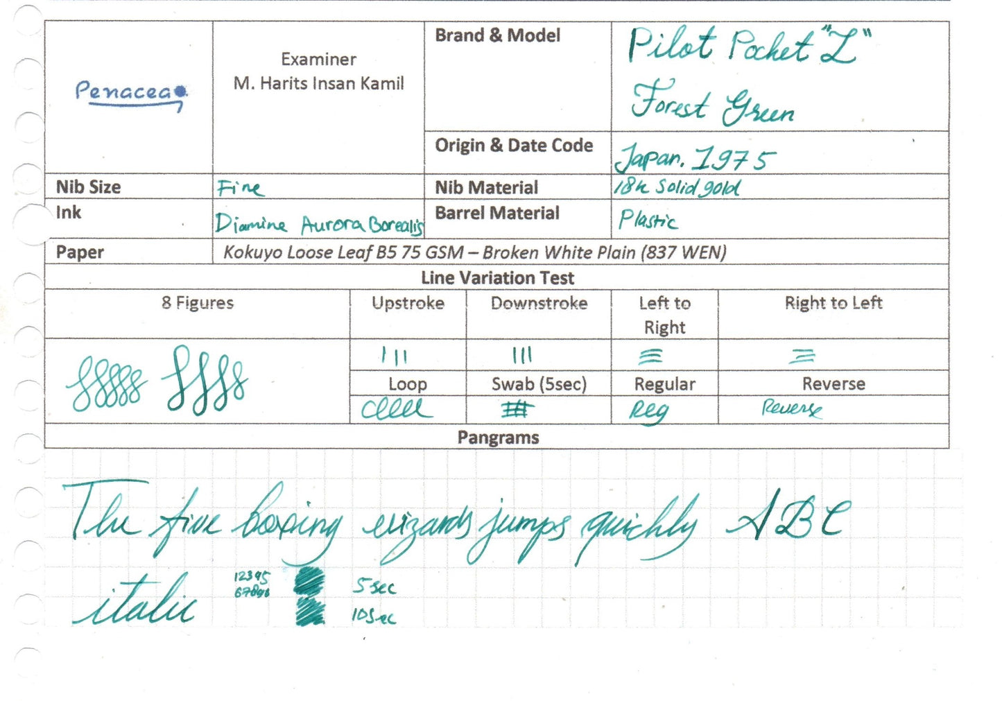 PILOT LADY POCKET "L" GREEN FOUNTAIN PEN (1973)